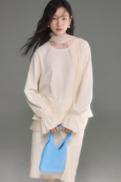 Moonlight Waterfall Long-Sleeve Ribbon Top and Skirt Set-Up