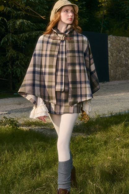 Detachable Plaid Cape Vest And A-Line Skirt Set-Up