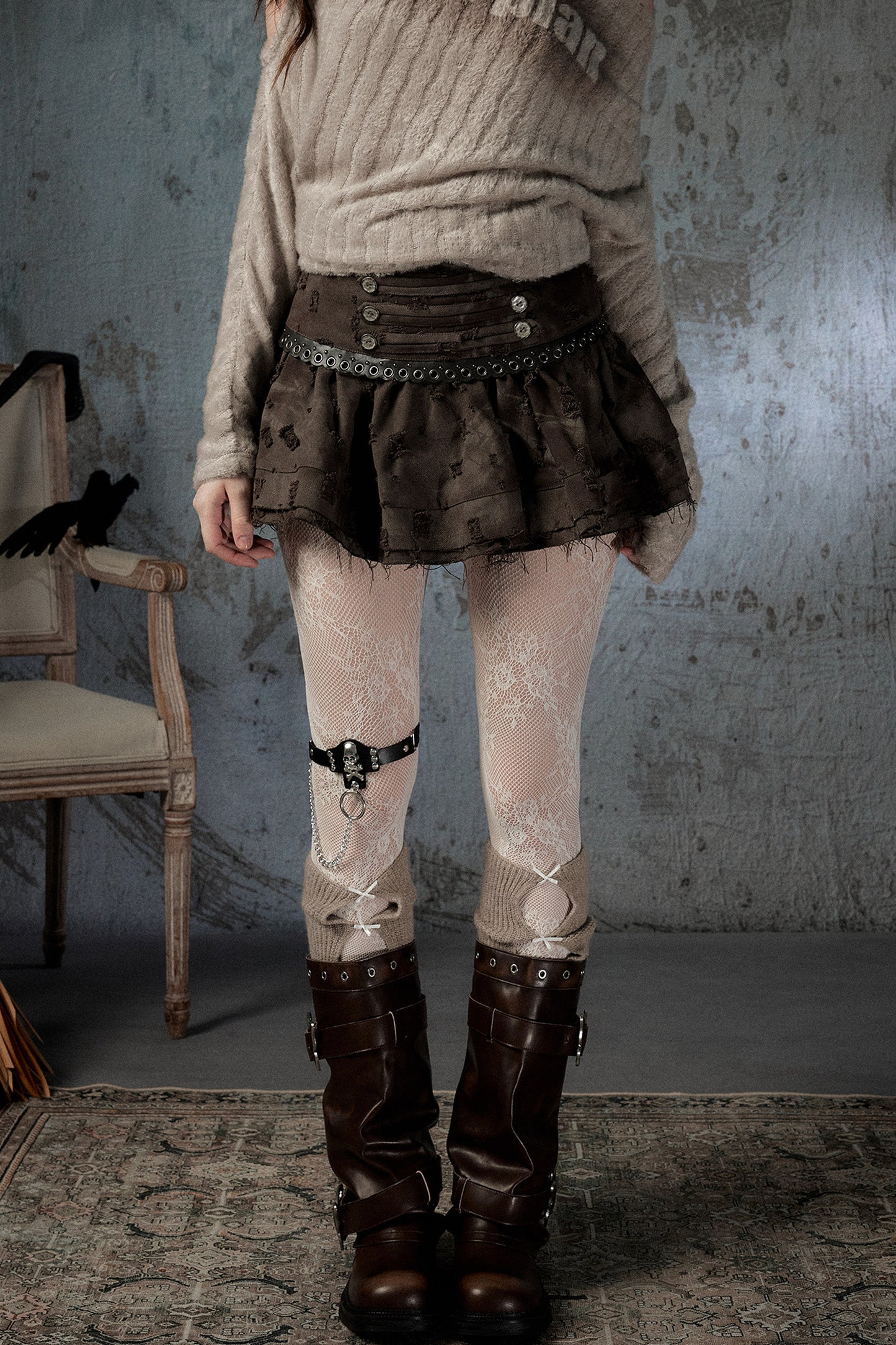 Vintage Distressed High-Waisted Skirt
