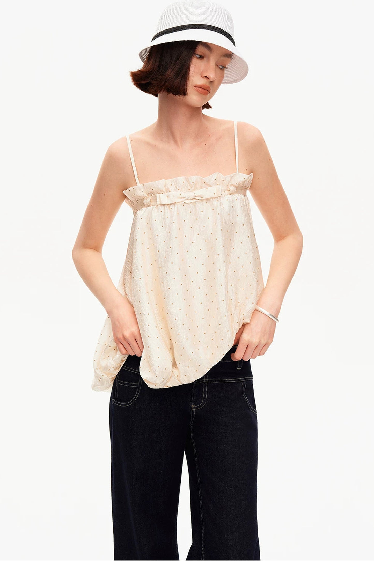 Acetate Polka Dot Ruffle Blouse