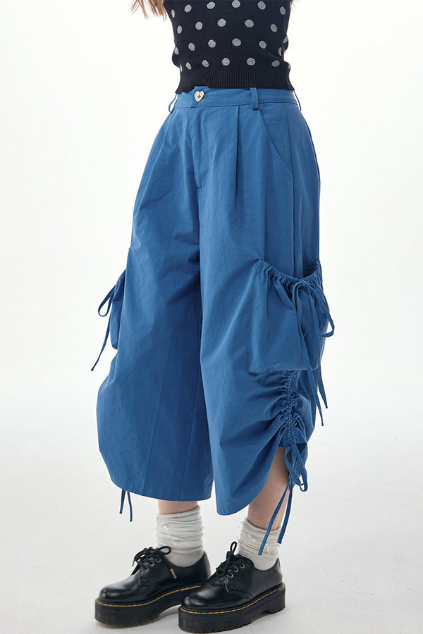 Blue Balloon Drawstring Wide-Leg Cargo Pants