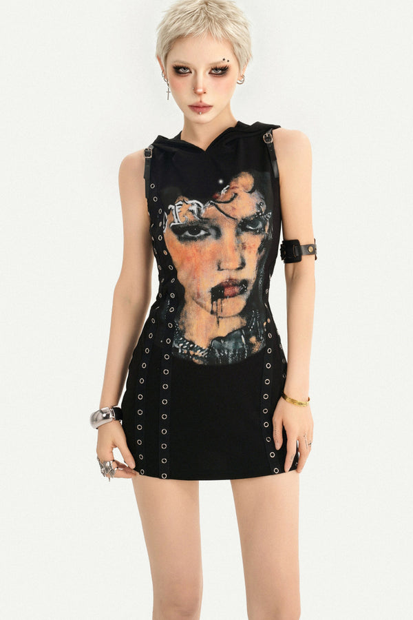 Punk Rivet Printed Hooded Dress