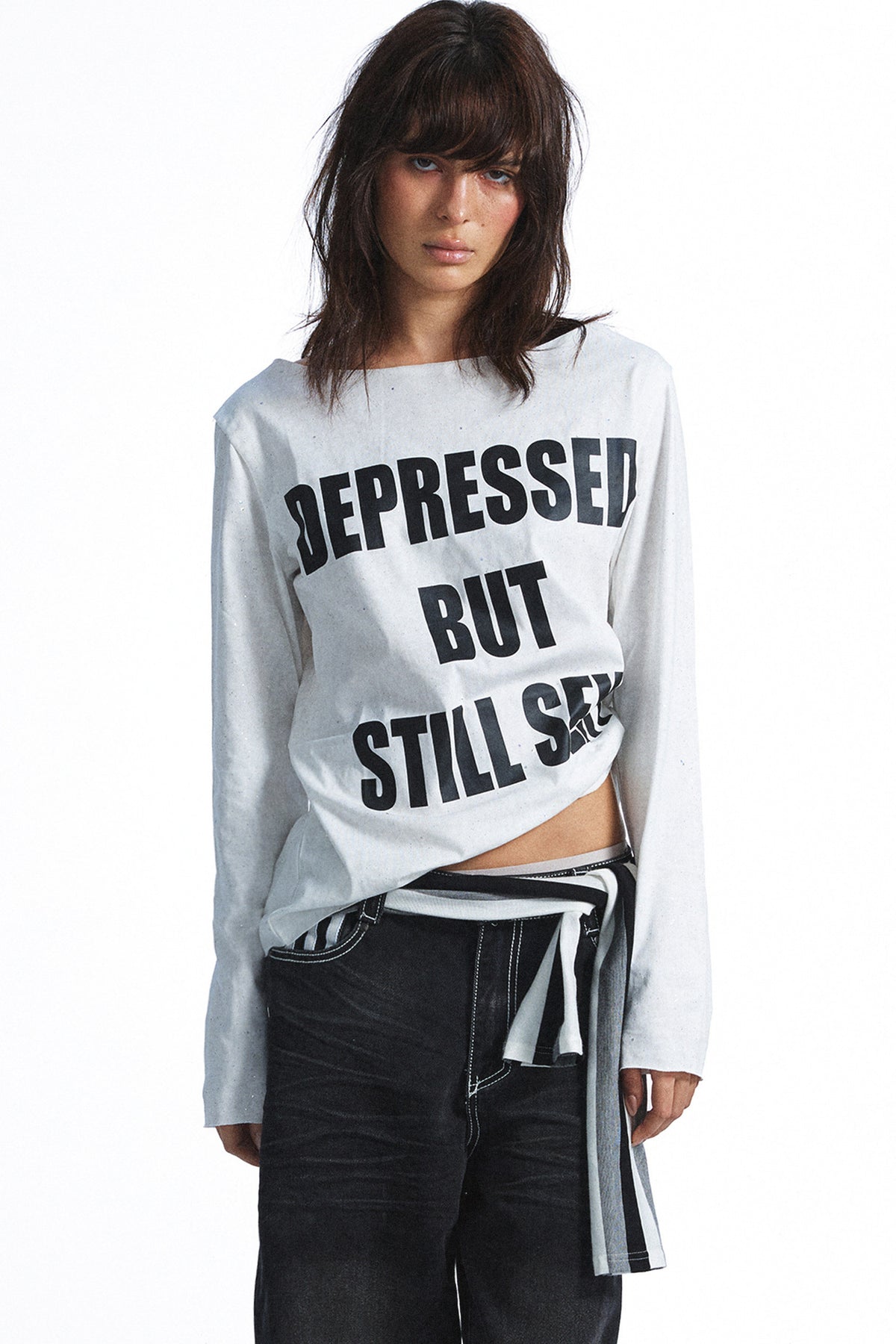 Distressed Rhinestone Letter Print Long-Sleeve T-Shirt
