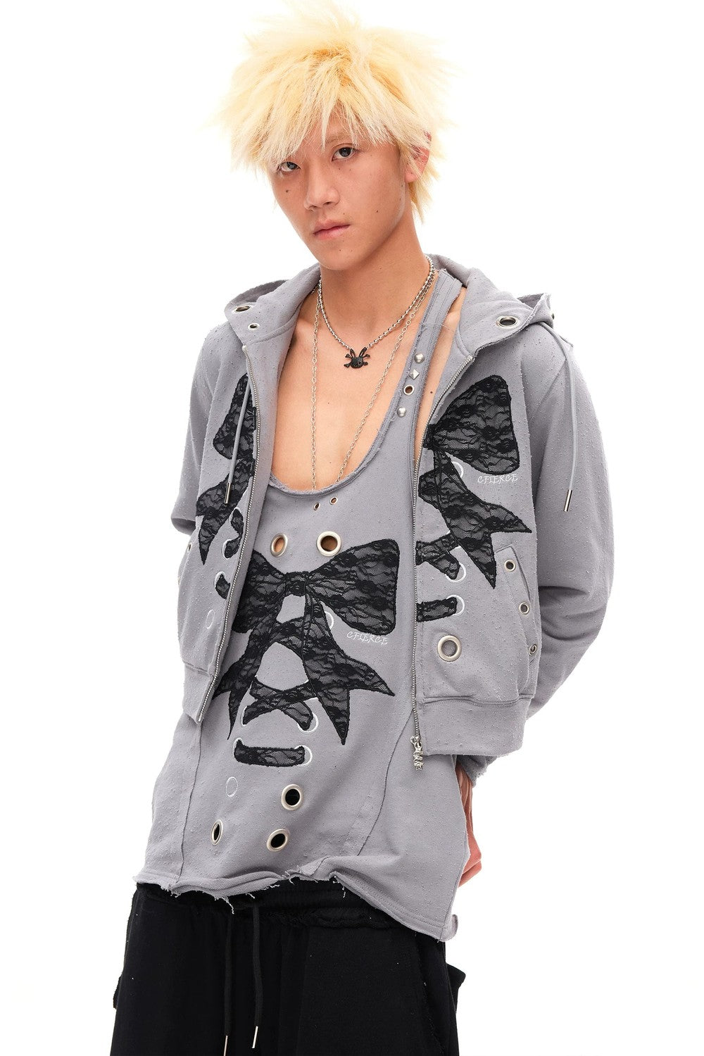 Distressed Lace Bow Hoodie