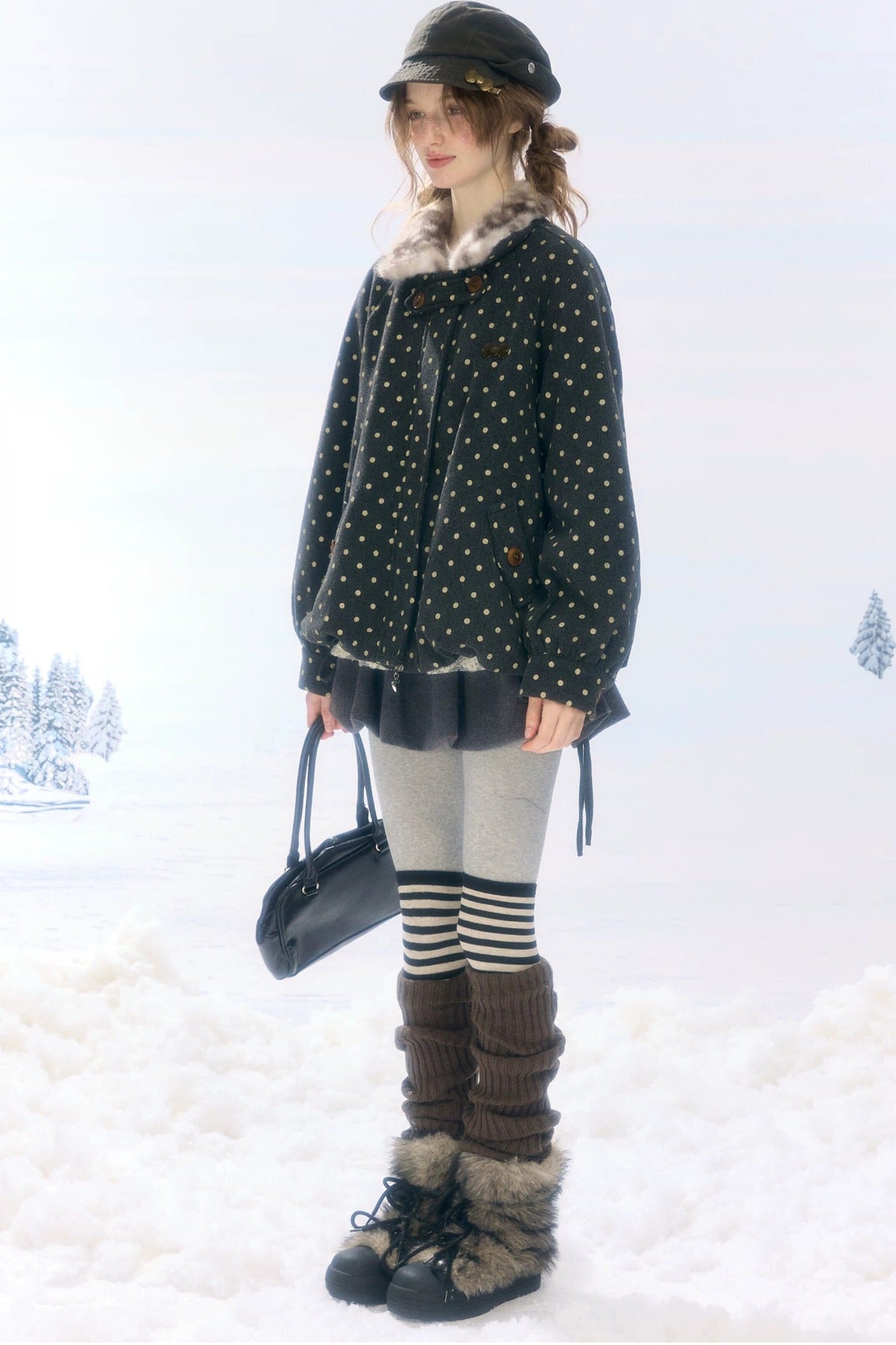 Short Polka Dot Plush Collar Cotton Jacket