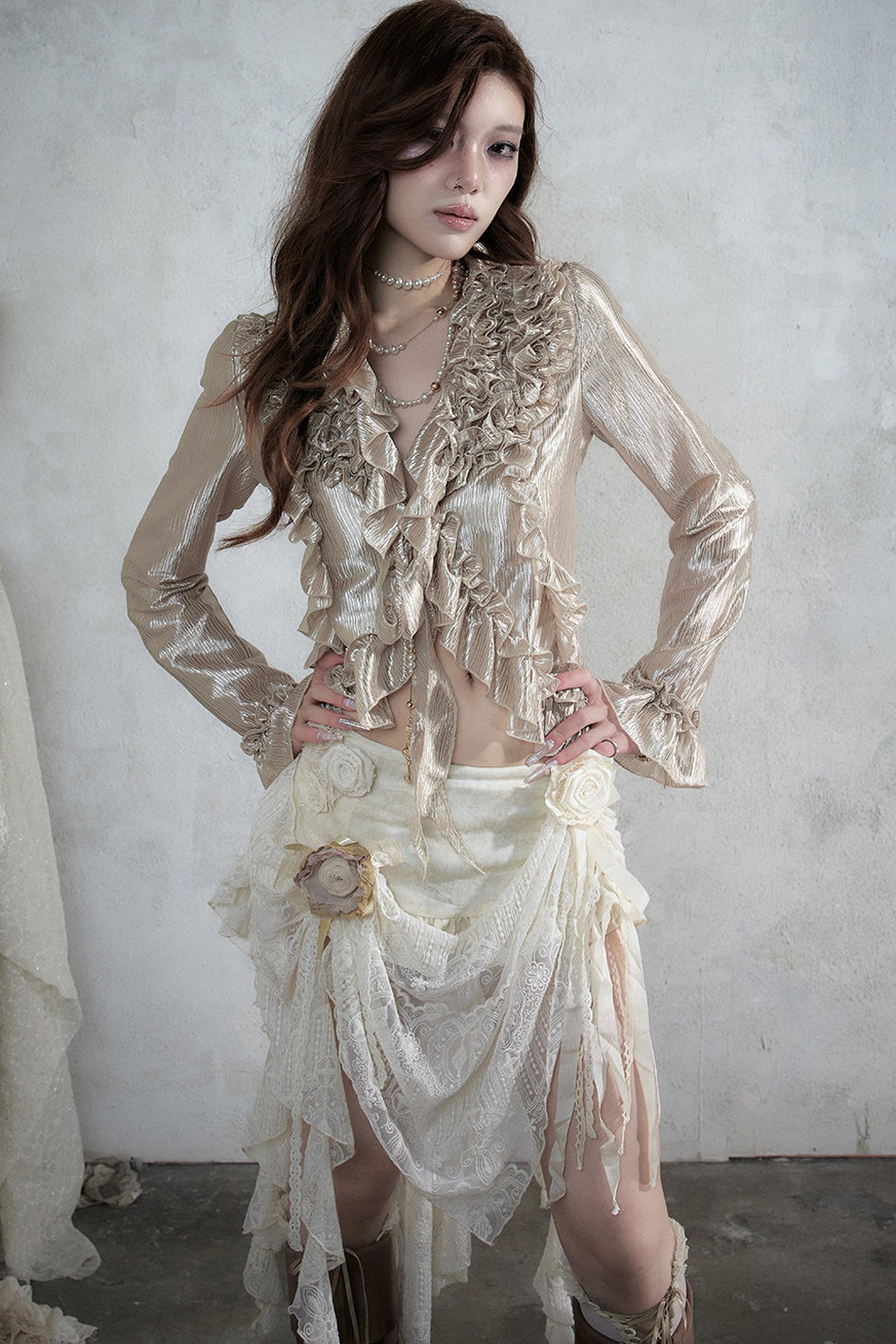 Ruffle Trim Tie Waist Long-Sleeved Blouse