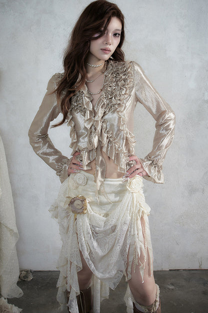 Ruffle Trim Tie Waist Long-Sleeved Blouse
