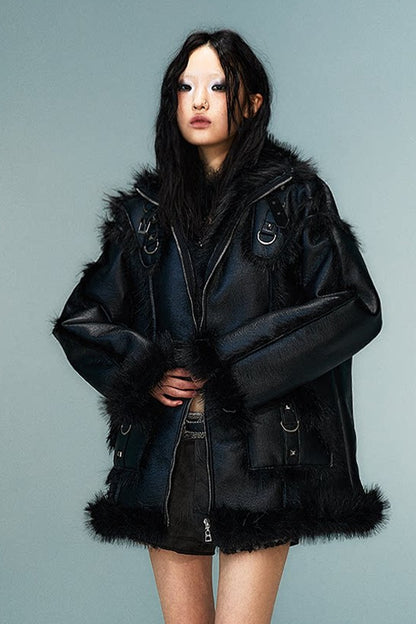 Dark Punk Metal Leather Fur Jacket