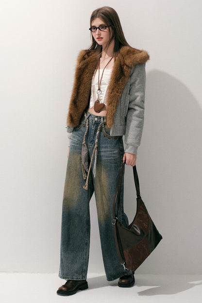 Loose Wide Leg Woven Belt Jeans