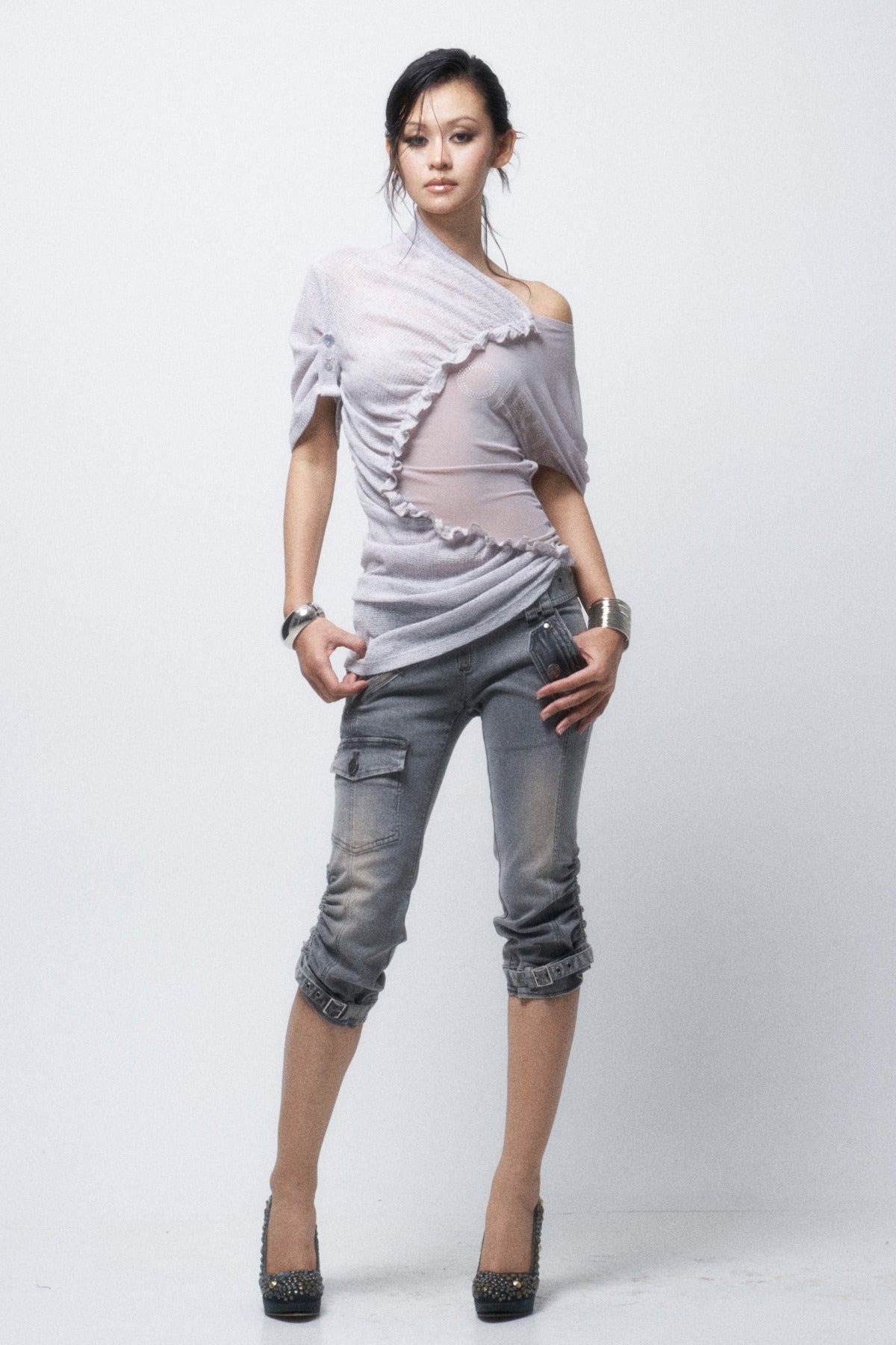 Pleated Knit Patchwork Off-Shoulder T-Shirt
