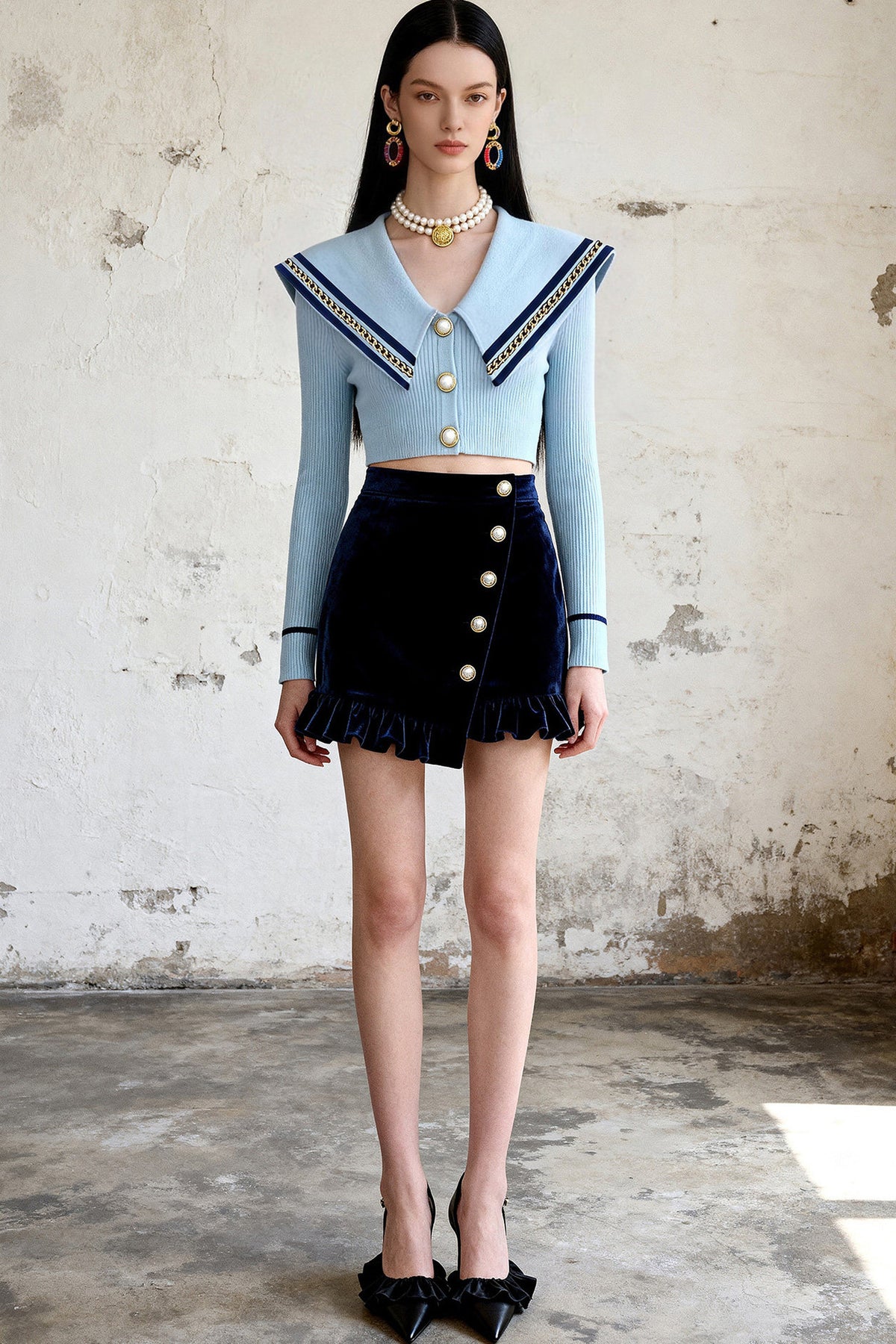 Navy Collar Gold Button Ruffle Skirt Set