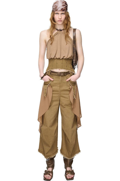 Washed Khaki Patchwork Halter Corset