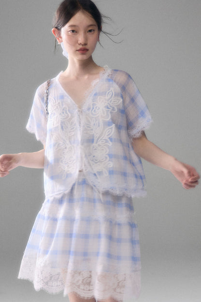 Blue White Checkered Lace Tencel Top Skirt Set-Up