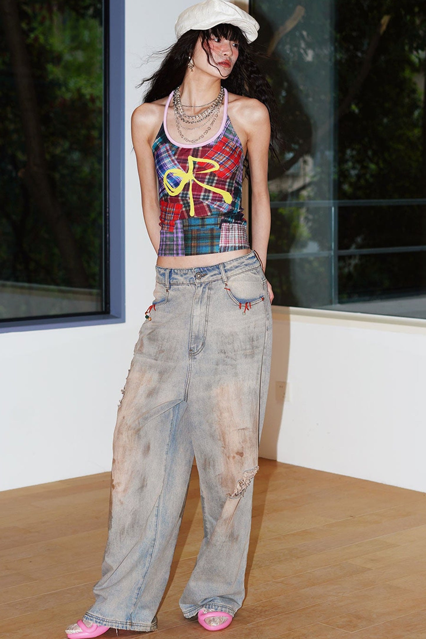 Color-Block Plaid Bow Camisole