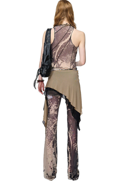 Mesh Printed Ruffled Tank Top