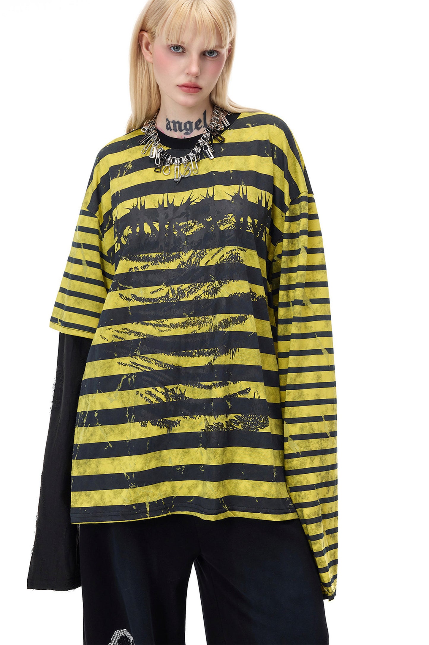 Punk Burnt Floral Cut-Out Striped Raglan Blouse
