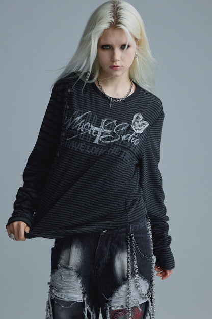 Top a maniche lunghe asimmetrico a righe con toppe