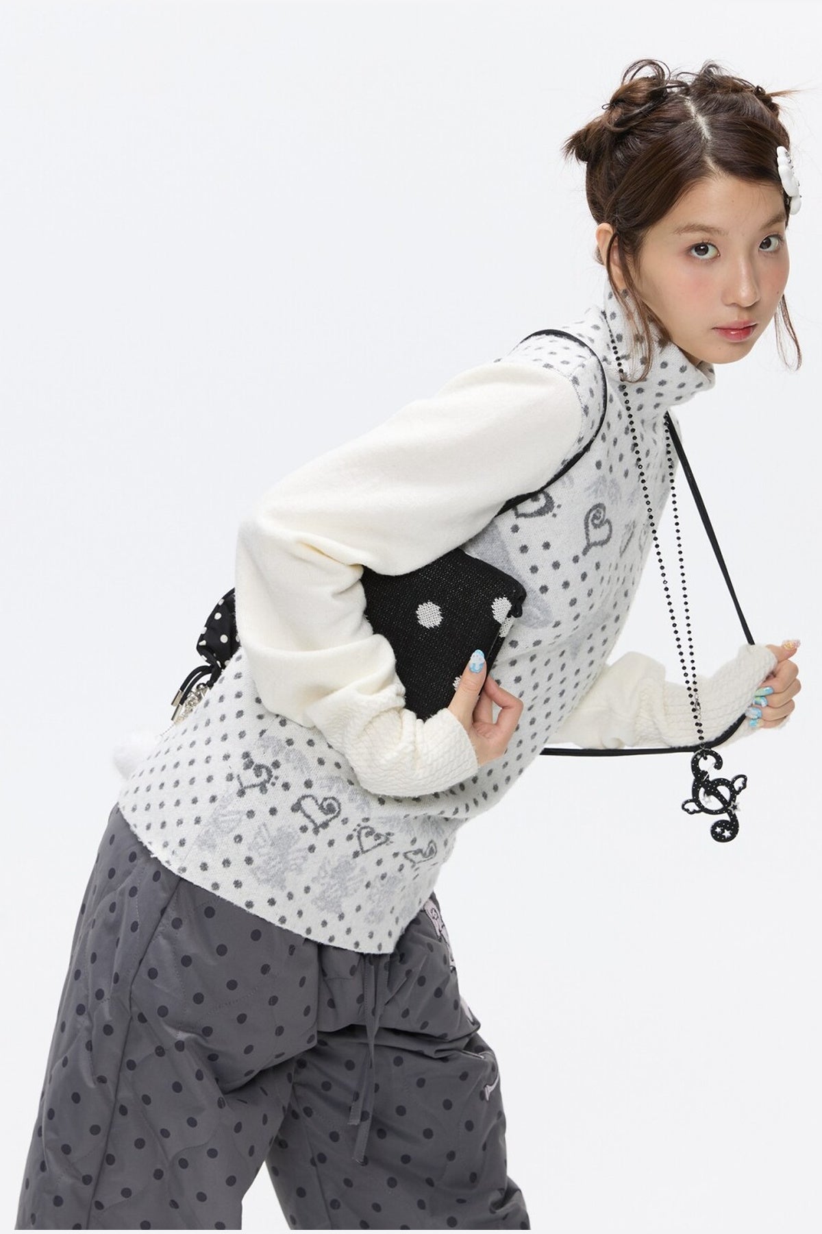 High-Neck Polka Dot Jacquard Sweater