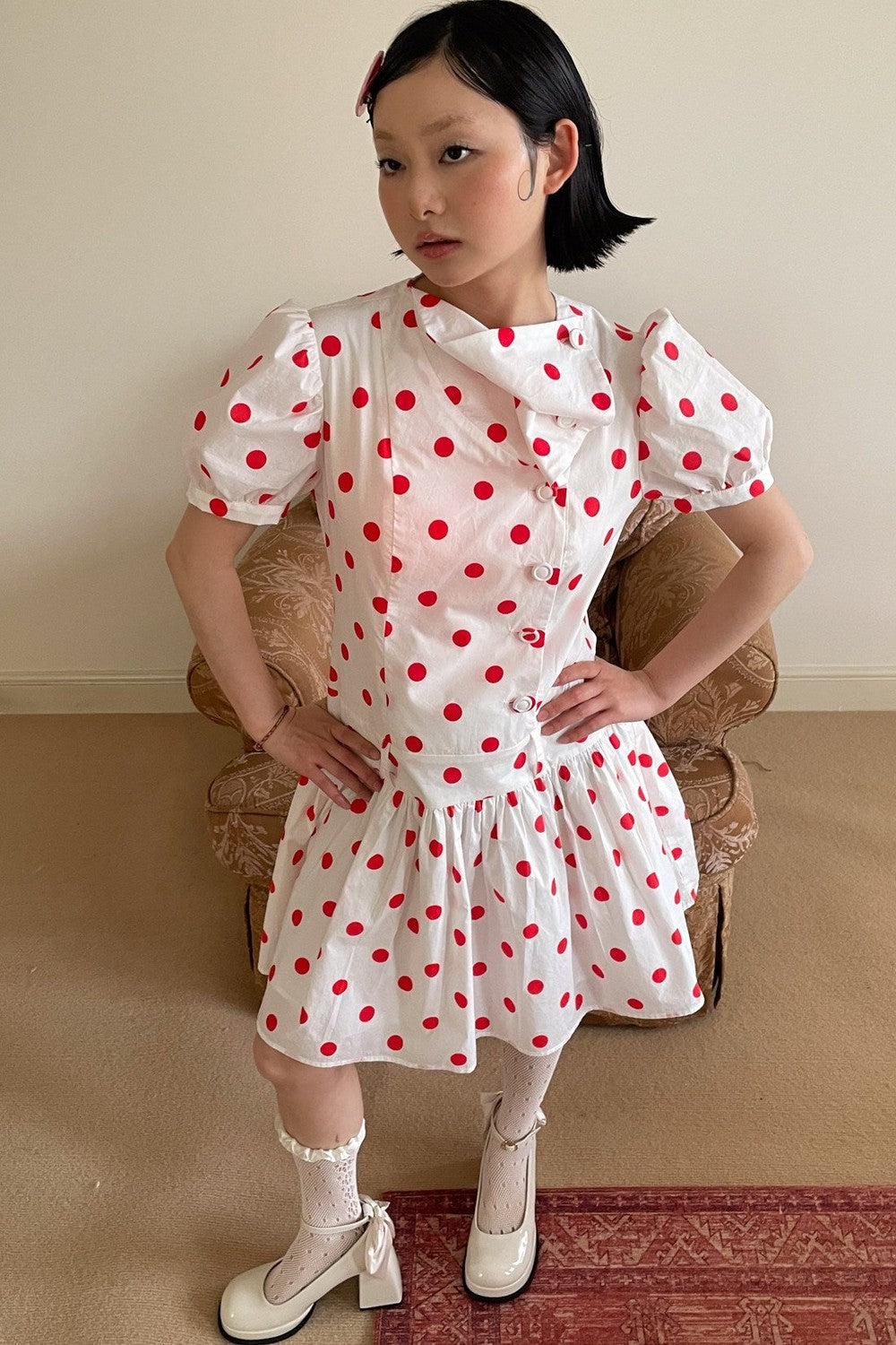 Red Retro Polka Dot Bubble Sleeve Dress