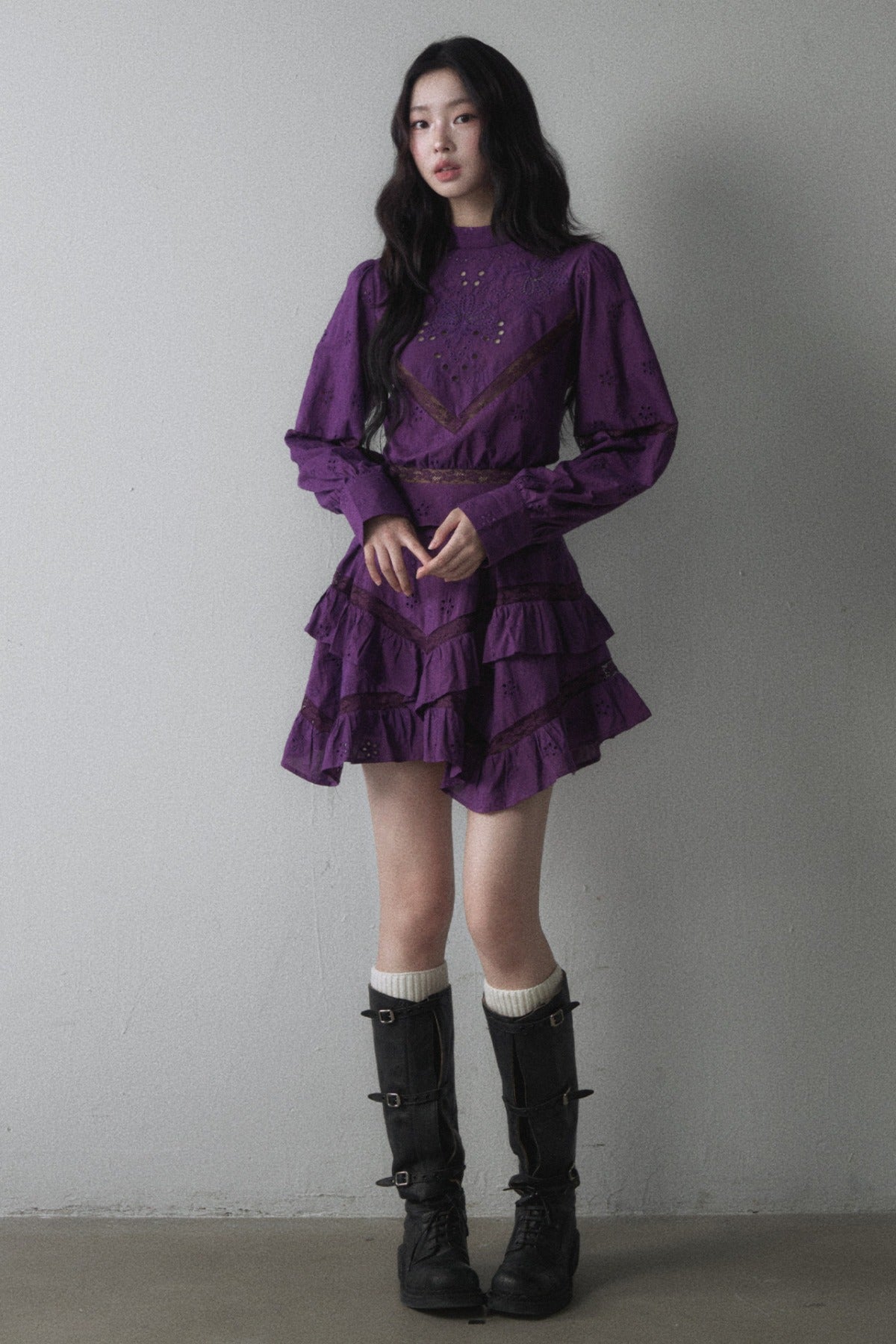 Pure Cotton Cut Out Shirt and Multi-Layered Asymmetrical Ruffle Skirt