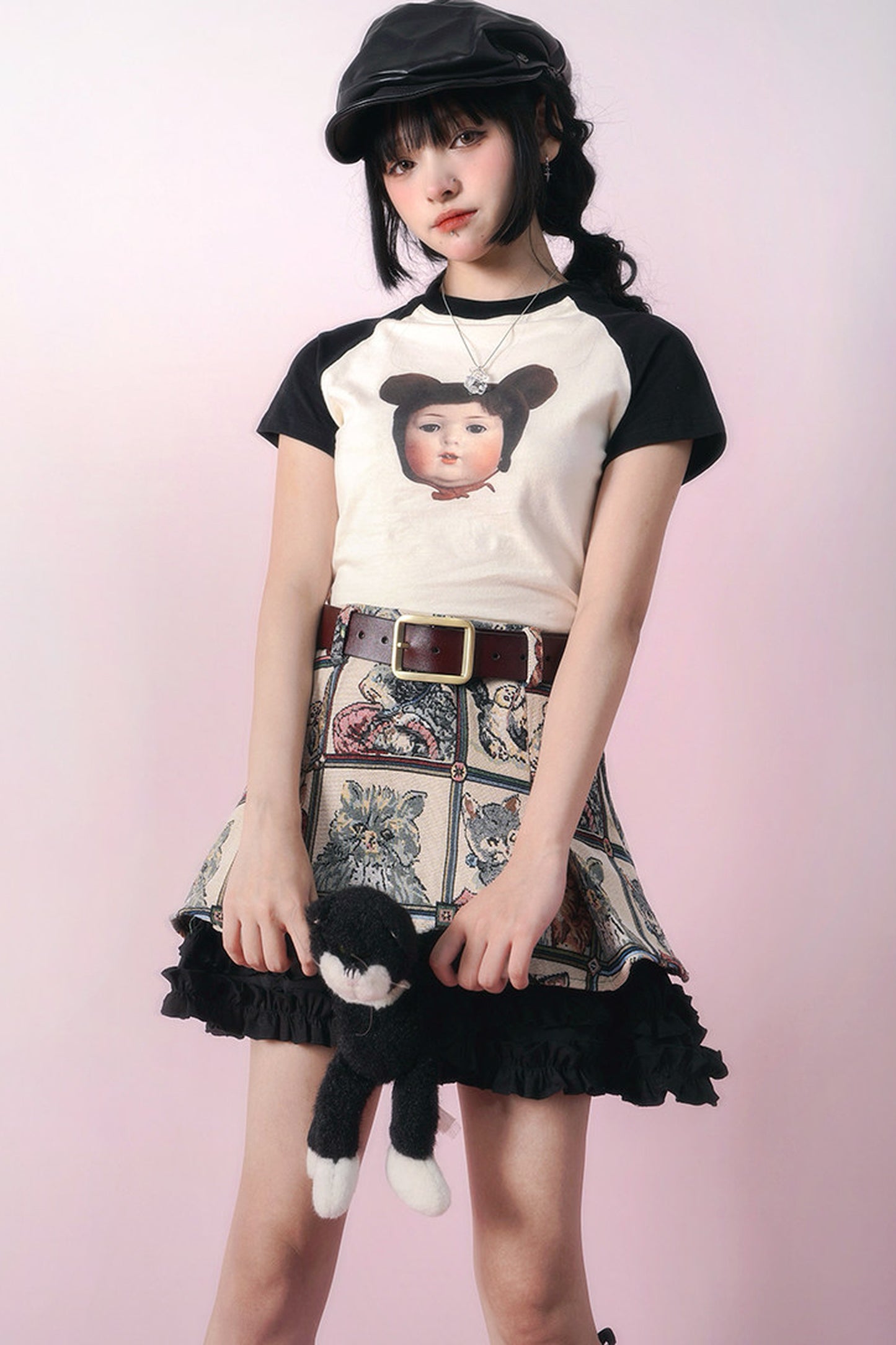 Bear Doll Print Patchwork T-shirt