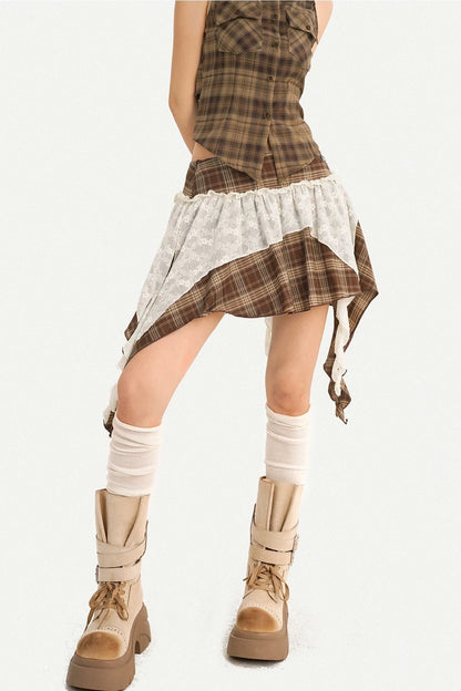 Retro Plaid Asymmetrical Short Skirt