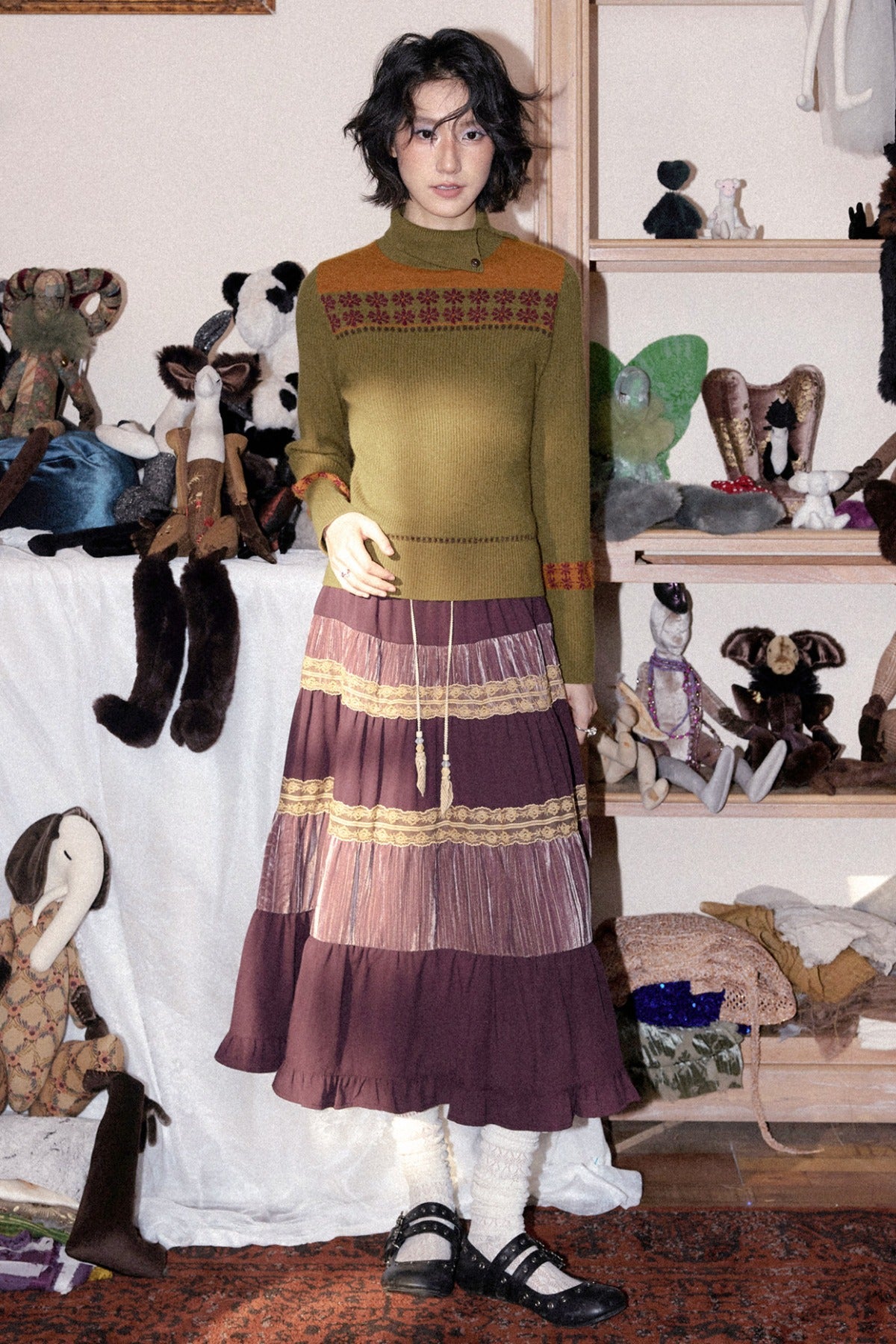 Crinkled Velvet Floral A-Line Skirt