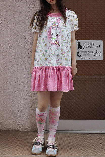 Bear And Rabbit Print Layered-Look Dress