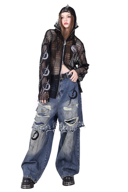 Rivet Hooded Mesh Patch Embroidery Jacket