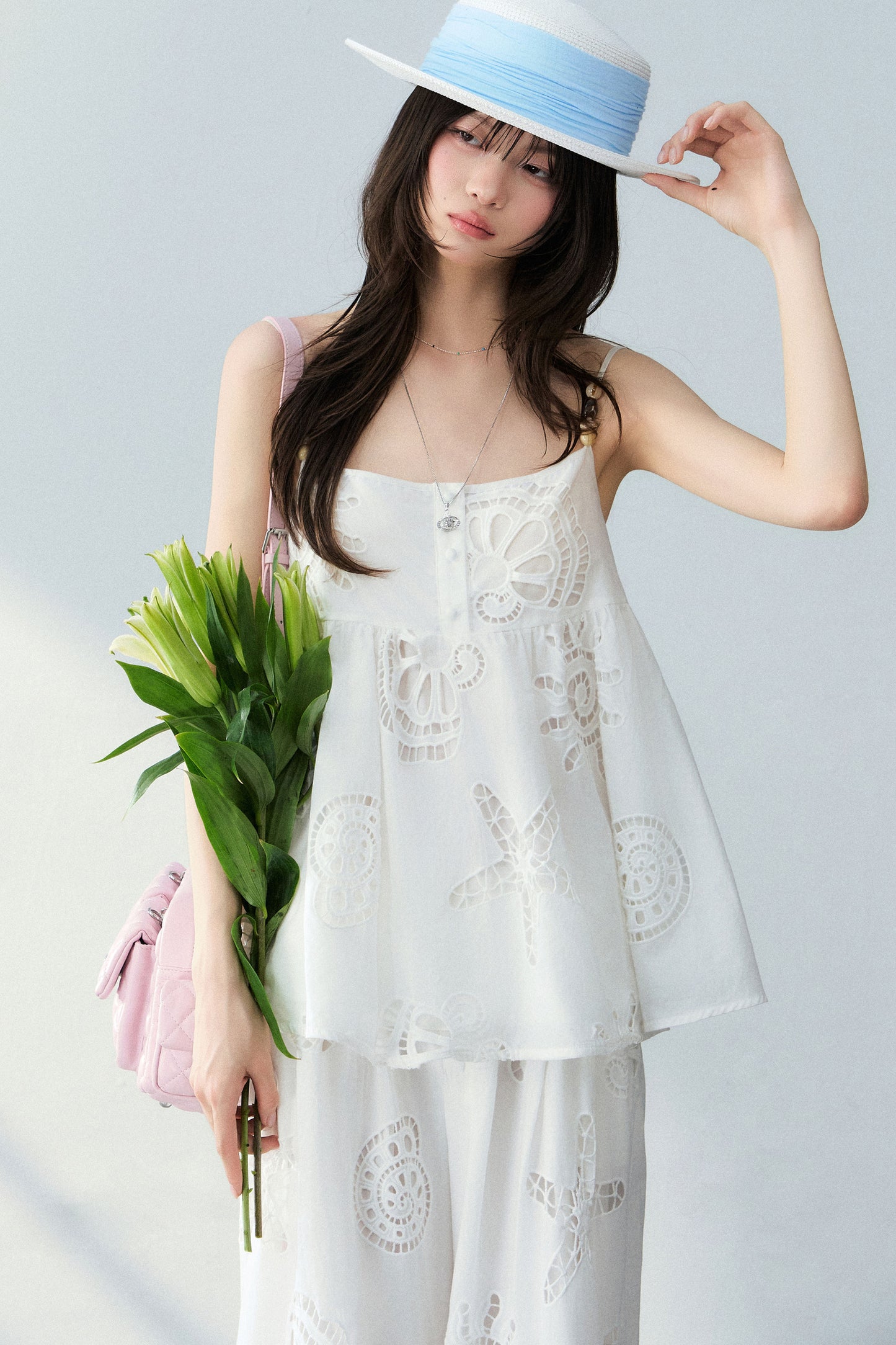 Ocean Hollow Beaded Camisole and Pants Set-Up