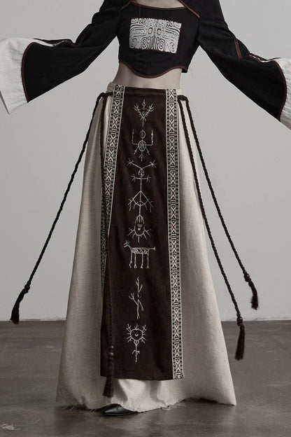 Embroidered Suede Panel Skirt