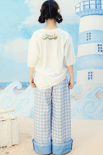 Blue And White Plaid Wide-Leg Pants