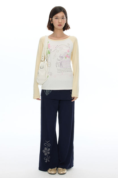 Deer Rose Print Long Sleeve Raglan Tee
