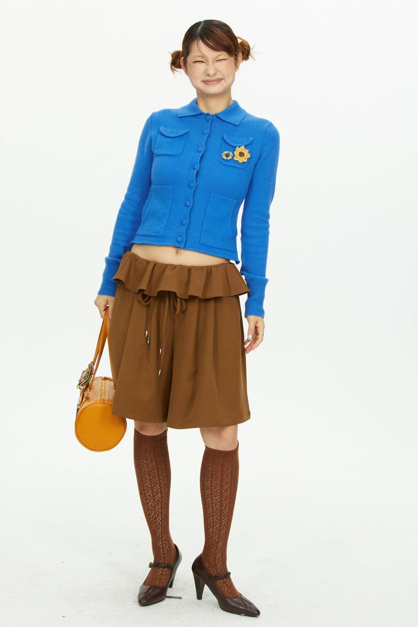 Brown Wide-Leg Ruffle Waist Shorts