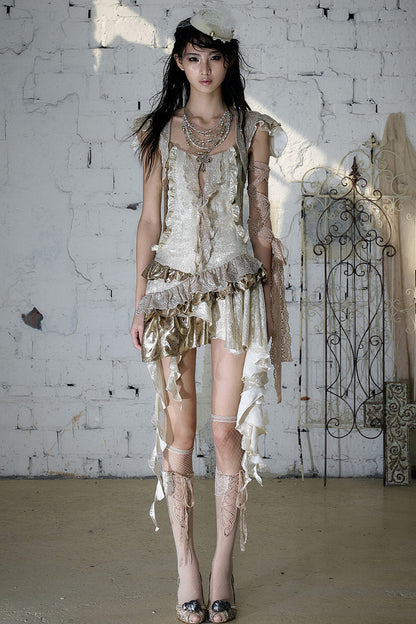 Baroque Gold Satin Ruffle Dress