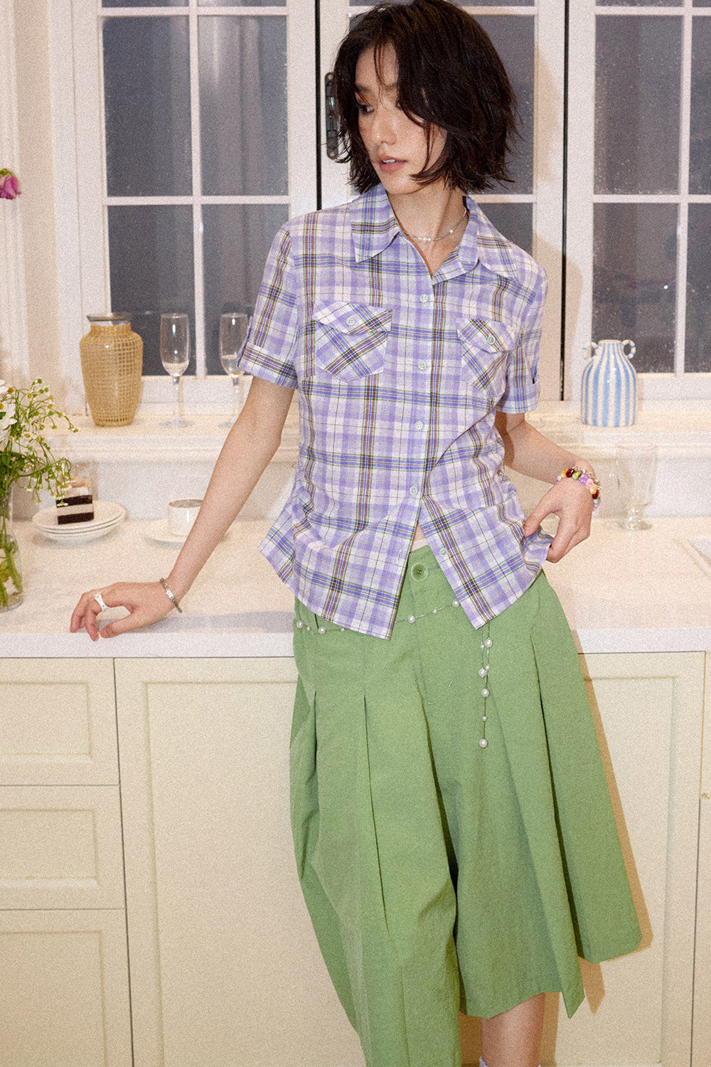 Color-Block Pocket Plaid Blouse