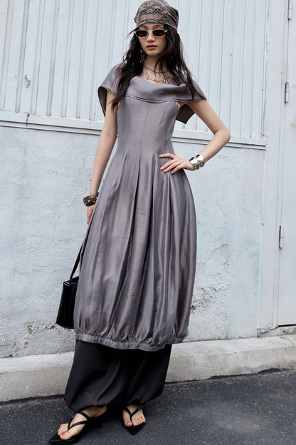 Glossy Balloon Scarf Collar Dress
