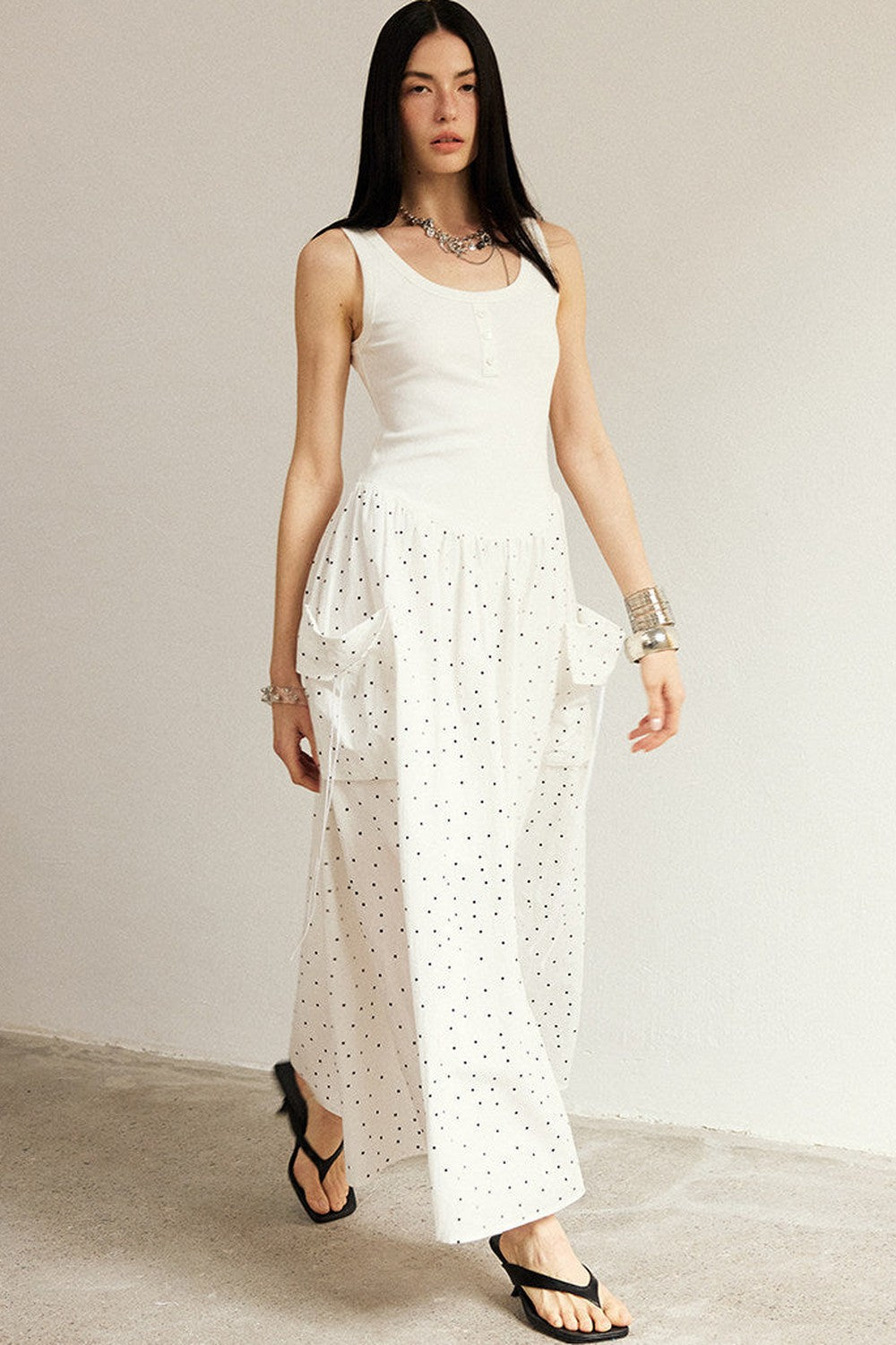Sleeveless Polka Dot A-Line Maxi Dress