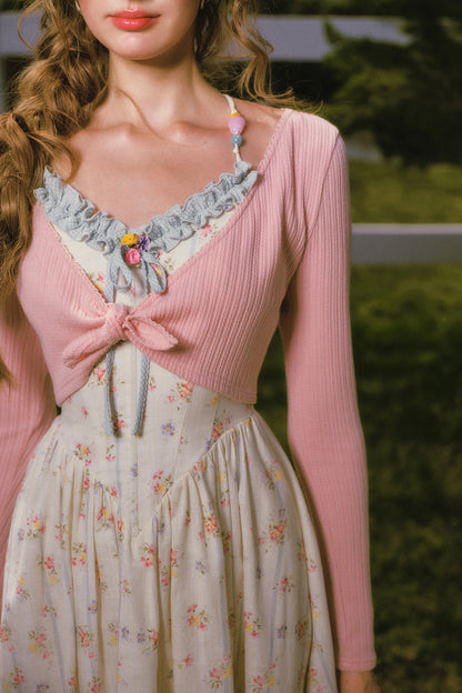 Floral Printed Fishbone Camisole Dress and Pink Cardigan Set-Up