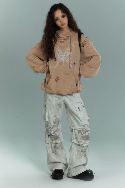 Dirty-Washed Multi-Pocket Wide-Leg Cargo Pants