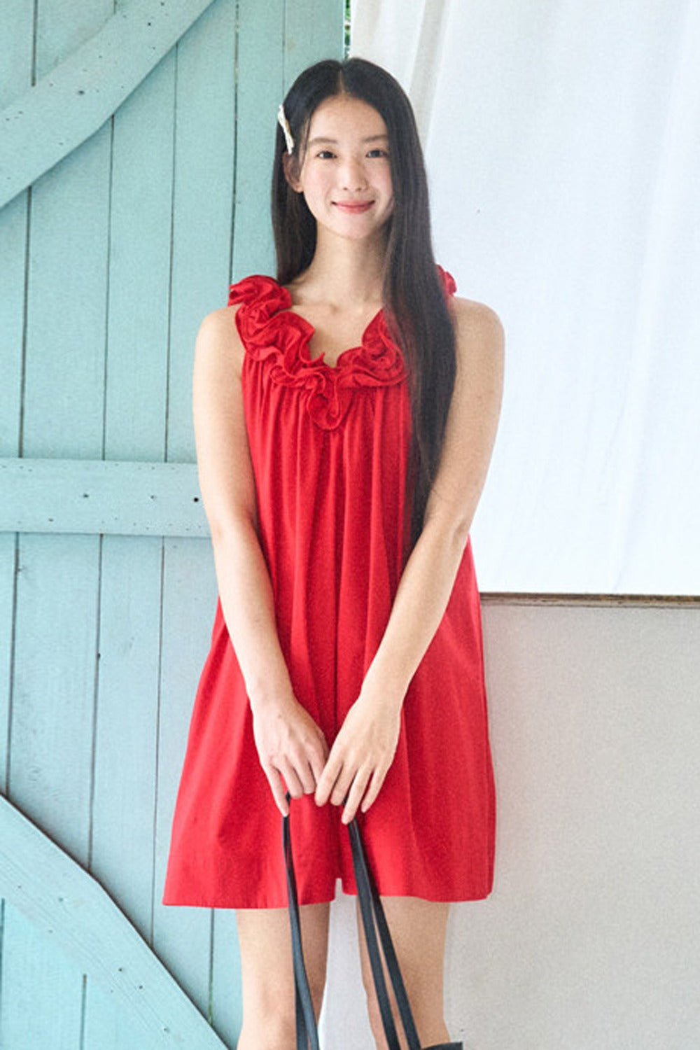Red 3D Floral Ruffle V-Neck Tank Dress