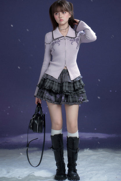 Milk Purple Bow Jacquard Turn-Down Collar Sweater