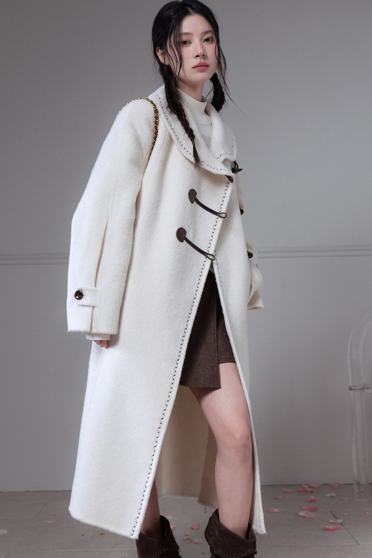 Flowing Embroidered Double-Faced Wool Rabbit Fur Coat