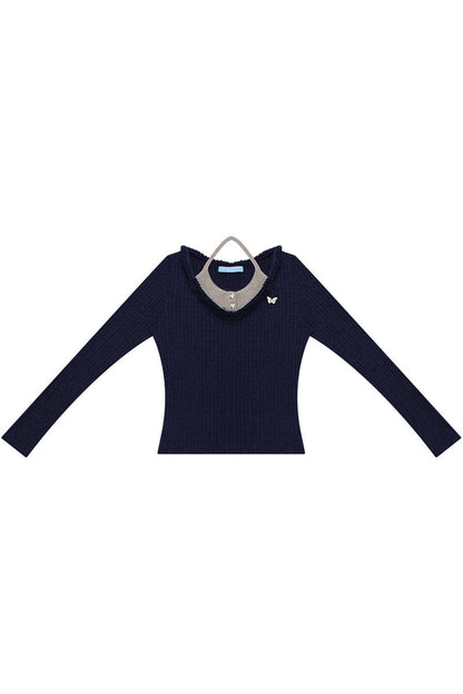 Layered-Look Frayed Knit Top