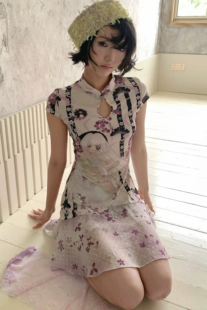 Lila Retro-Qipao-Kleid mit Blumenmuster