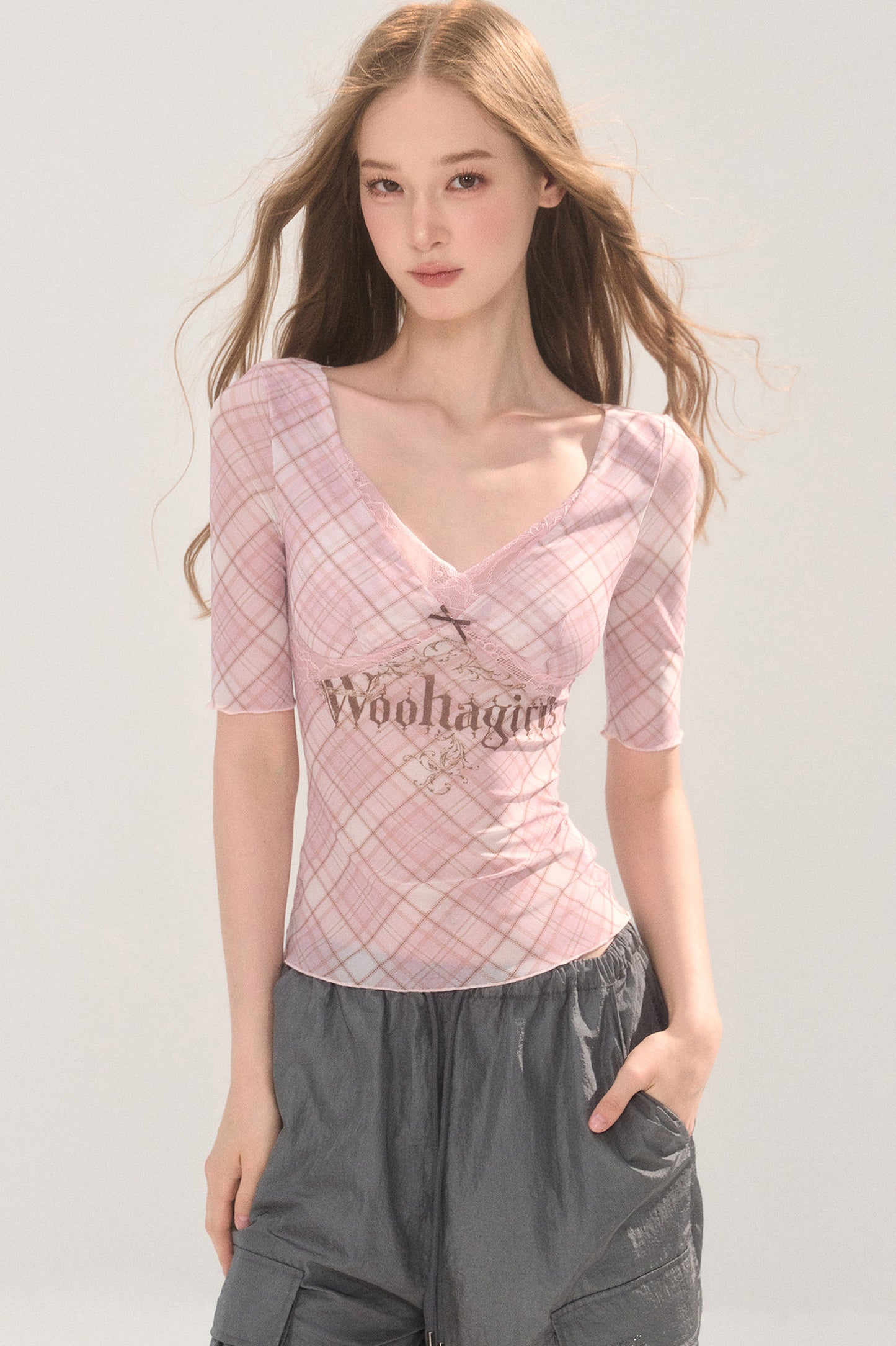 Plaid Mesh Chest Pad Top