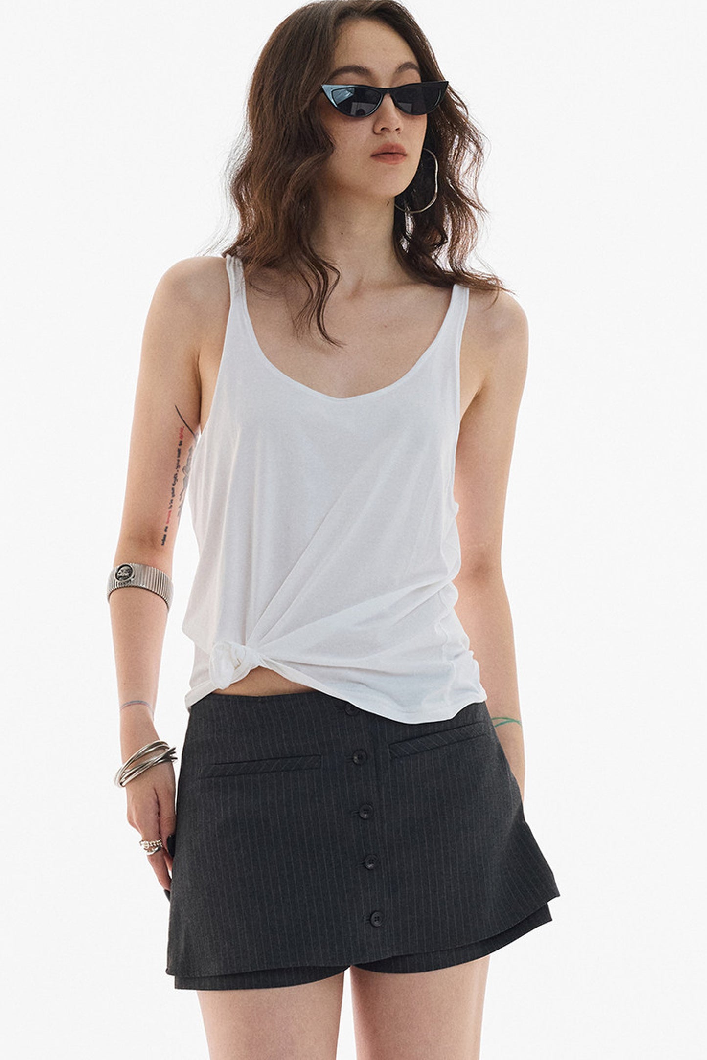 Gray White Striped Button Front Skirt