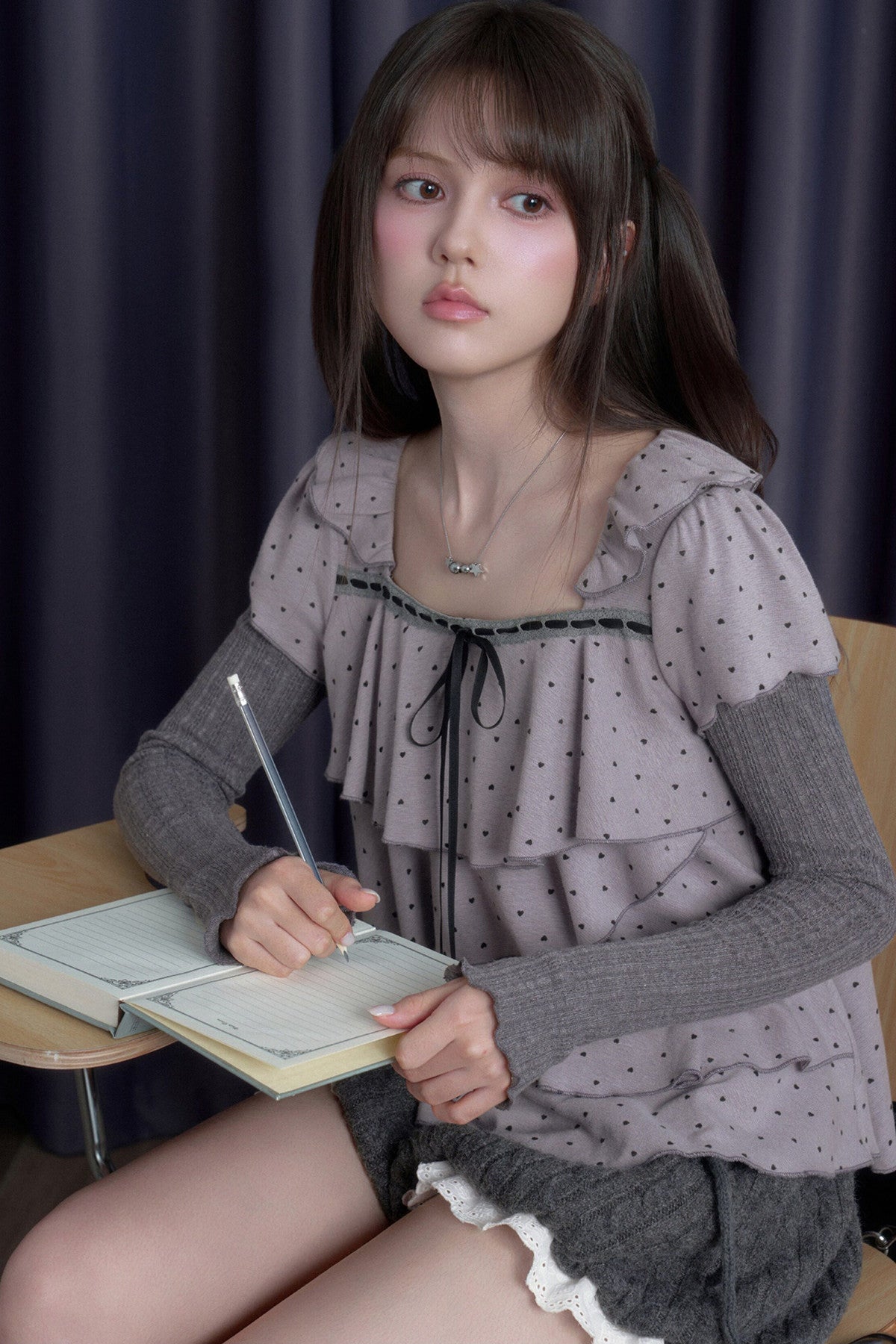 Gray-Purple Cake-Style Ruffle Long-Sleeved Knit Top