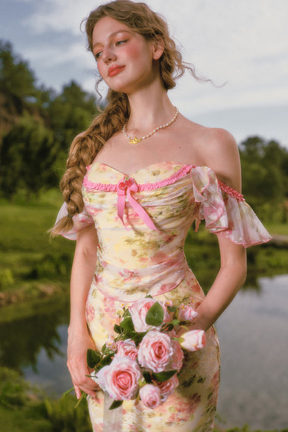 Floral Off-Shoulder Fishbone Corset Top and Skirt Set-Up