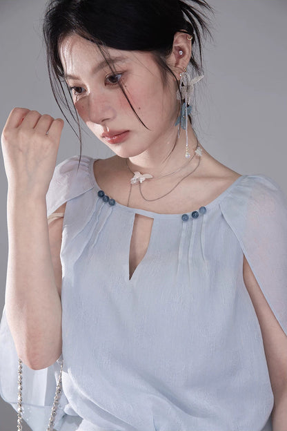 Elegant Ice Blue Linen Cape Set